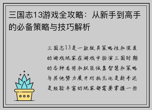 三国志13游戏全攻略：从新手到高手的必备策略与技巧解析